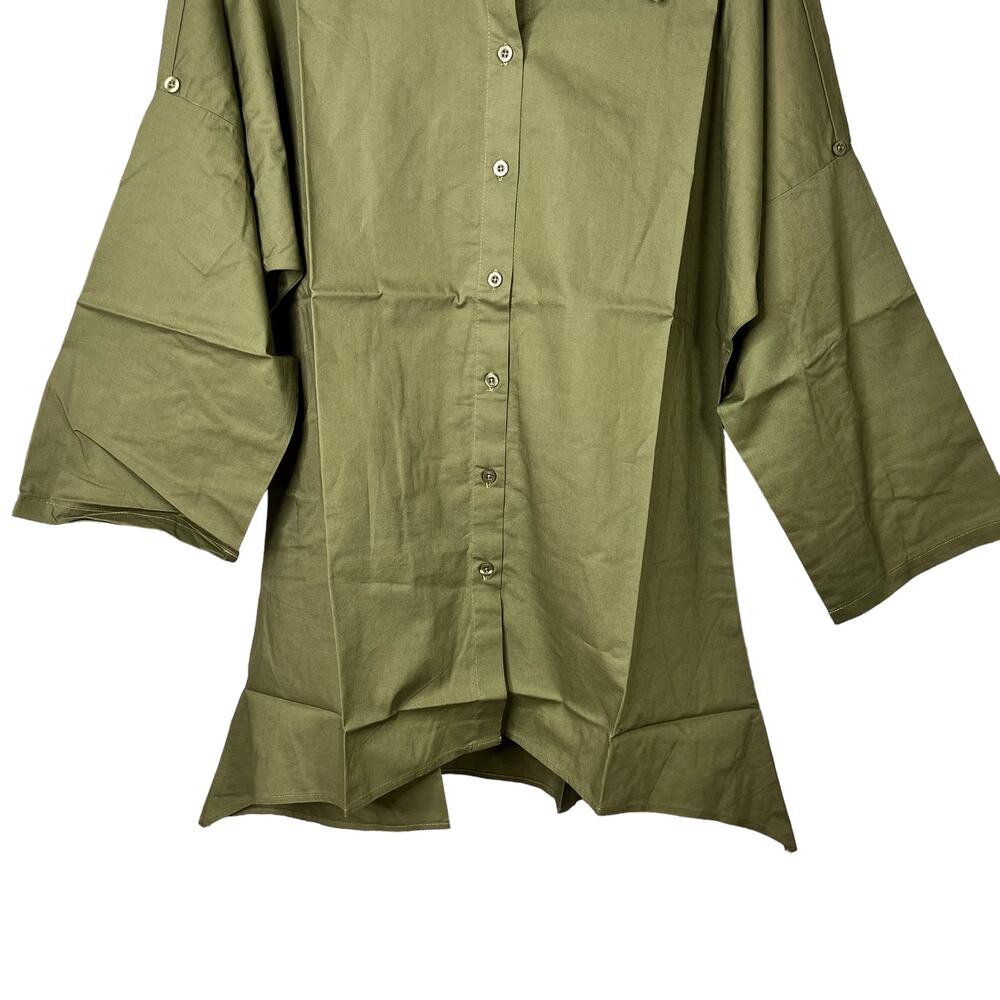 Truth + Style Woven Dolman Sleeve Green Button Shirt w/ Shark Bite Hem - Picture 6 of 8